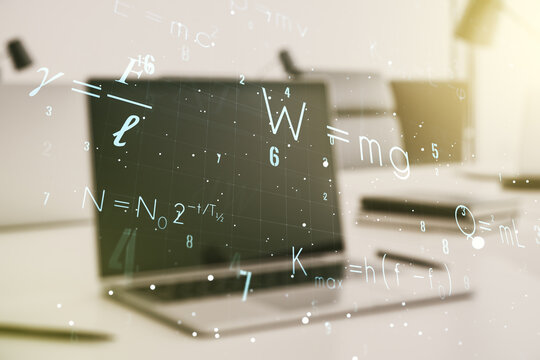 Double exposure of creative scientific formula concept on laptop background, research and development concept