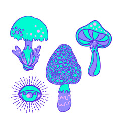 Magic mushrooms. Psychedelic hallucination. Vibrant vector illustration. 60s hippie colorful art in pink pastel goth colors isolated on white. Sticker, patch, poster graphic design.