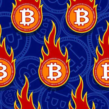 Seamless vector pattern of digital bitcoin crypto currency icons and flames