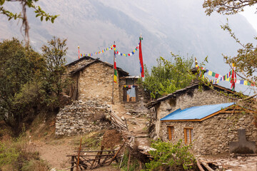 View of the path among the stone houses in the Himalayas
