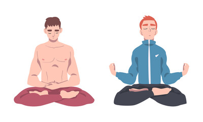 Young Man Cross-legged Sitting in Padmasana or Lotus Position Practicing Mediation Vector Set