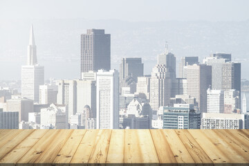 Wooden table top with beautiful San Francisco skyline on background, mockup