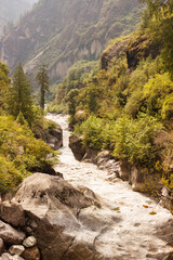 View of the mountain river on the road in the Himalayas