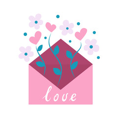 Open envelope with flowers. Cute Stock Vector illustration in simple flat style. Floral mail. Happy Valentine's Day. Vector design concept for Mother's Day and other users.