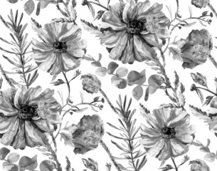 Black and white realistic seamless pattern with poppy flowers on a white background painted in watercolor in vintage style for textile and surface design