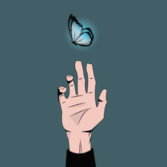 the hand reaches for the glowing blue butterfly