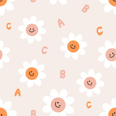 Seamless pattern with daisy flower cartoons and hand written alphabet on cream background. Nursery wallpaper or textile vector.