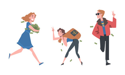 Obraz na płótnie Canvas Happy Rich Man and Woman Carrying Pile of Dollar Banknote and Cash Vector Set