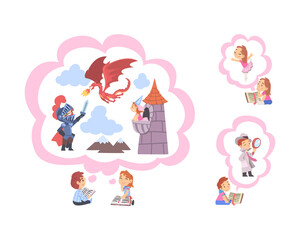 Children Reading Fairy Tale and Fantasy Book about Knight Fighting Dragon and Ballet Dancing Vector Set