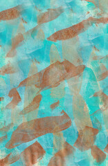 Gold and brown splash stroke in random style abstract background painting. Turquoise blue in main color.