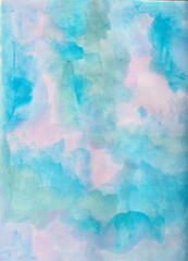 Pastel blue and pink abstract background painted with gouache by dry on wet technique.