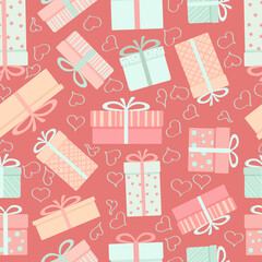 Set of gifts and hearts for Valentine's Day or Birthday. Vector cartoon flat seamless pattern of beautiful modern packaging boxes in pastel colors.