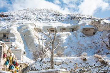 Building in the snowy mountains of cappadocia turkey