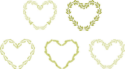 A set of five hearts made of leaves. Flower wreath. Design of an invitation card for holidays, a poster, a banner, a greeting card, a postcard.