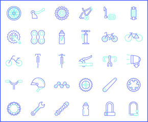 Set of bicycle and bike icons line style. It contains such Icons as sport, bike part, biking, exercise, vehicles, components, Helmet and other elements.