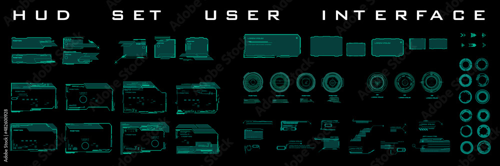 Fototapete Big set  futuristic green HUD elements Frames, dialogs, circles and targets. User interface elements HUD, UI. Modern futuristic digital frames for games. Cyberframes set