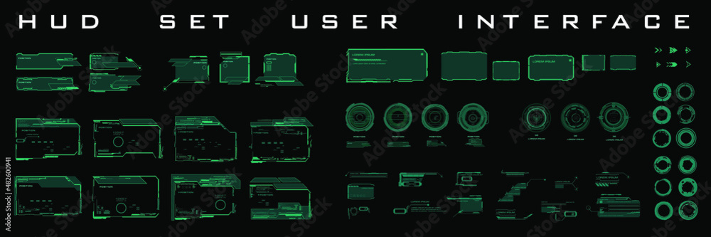Fototapete Big set  futuristic green HUD elements Frames, dialogs, circles and targets. User interface elements HUD, UI. Modern futuristic digital frames for games. Cyberframes set