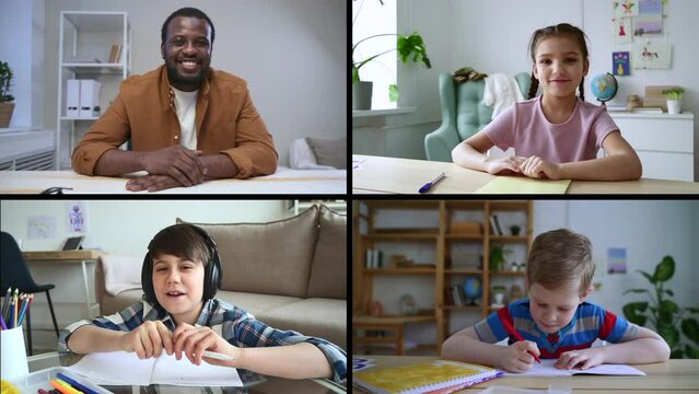 Conference call on screens teacher, kids talking and smiling, waving during online study spbas spbd. Young man tutor talks to children and waves hand in front of device, they write in notebook and sit