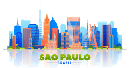 Sao Paulo (Brazil) skyline with panorama in white background. Vector Illustration. Business travel and tourism concept with modern buildings. Image for banner or website.