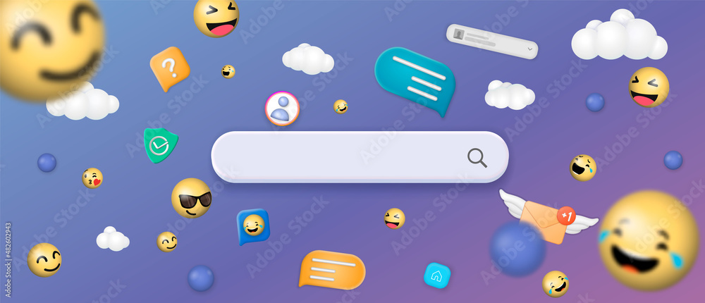 Poster search bar surrounded with floating yellow emoji emoticon face elements. searching web and internet 