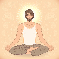 Beautiful Caucasian Man sitting in Lotus pose with ornate mandala on background. Vector illustration. Spa consent, yoga studio, or natural medicine clinic.