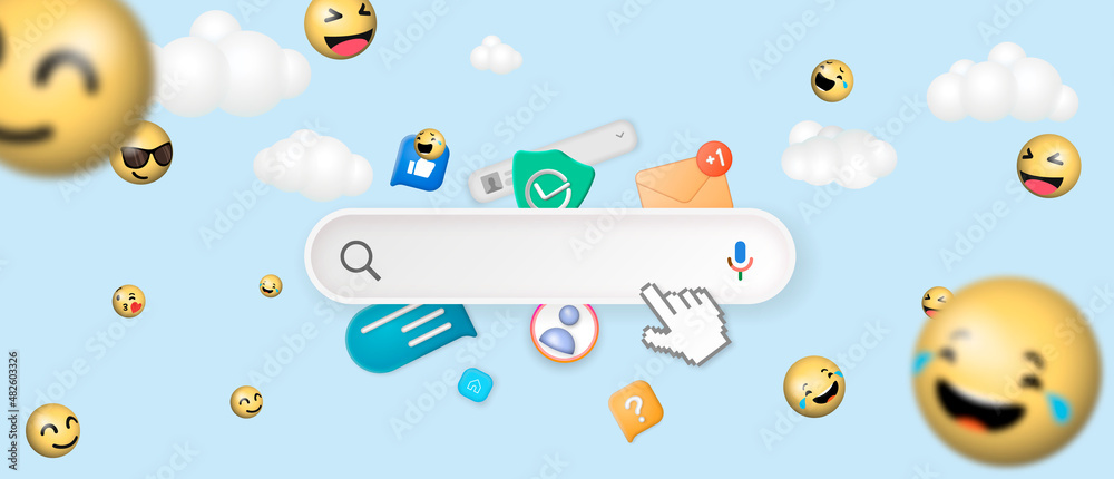 Poster search bar surrounded with floating yellow emoji emoticon face elements. searching web and internet 