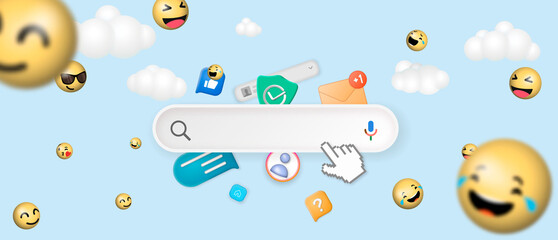 Search bar surrounded with floating yellow emoji emoticon face elements. Searching web and internet concept. 3d vector illustration