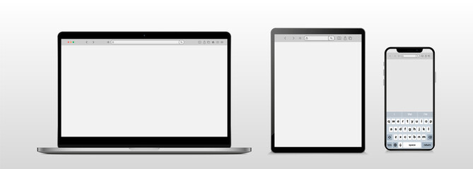 Browser mockups. Website different devices web window mobile screen internet flat template empty page network row set