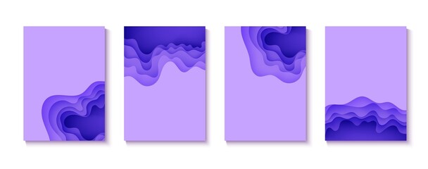 Set of abstract backgrounds in paper cut style. 3d purple colors waves with smooth shadow. Vector illustration with layered curved line shape. Rectangular composition of liquid layers in papercut.
