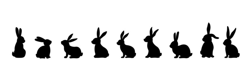 Silhouettes of Easter bunnies isolated on a white background. Set of different rabbits silhouettes for design use.