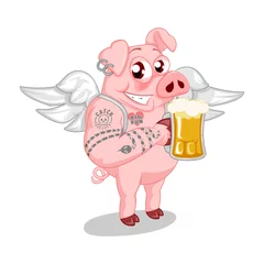 Fotobehang vector mascot illustration of a pig with angel wings drinking beer © mickyRAWjecky