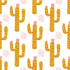 cactus with pink flower, vector seamless pattern in flat style on white background