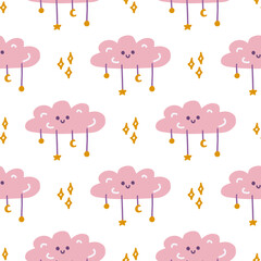 Pink cute cloud with stars, vector seamless pattern in flat cartoon style