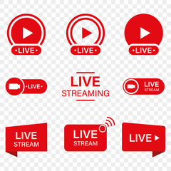 Live Stream Sign Set on Transparent Background. Red Symbol of Online News, Show, Channel Television. Online Broadcast Pictogram. Live Stream Icon. Isolated Vector Illustration