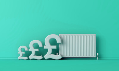 Cost of heating. Pound sterling currency symbol next to a radiator heater. 3D Rendering - obrazy, fototapety, plakaty