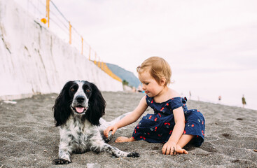 Little cute girl with Russian cocker spaniel playing on the beach by the sea
