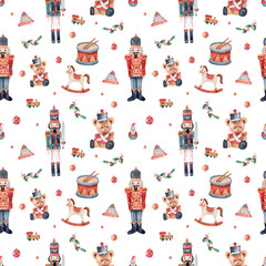 Nutcracker seamless pattern. Watercolor pattern is ideal for wrapping paper, baby fabric, prints and posters.