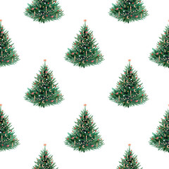 Christmas tree watercolor seamless pattern. Christmas illustrations on white background.