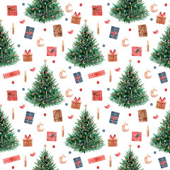 Christmas tree watercolor seamless pattern with gifts. Christmas illustrations on white background.