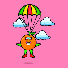 Cute mascot cartoon Orange is skydiving with parachute and happy gesture cute modern style design for t-shirt, sticker, logo element