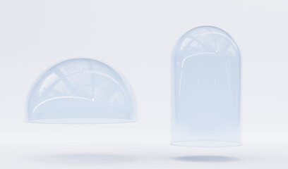3d render, glass domes isolated on white background. Cylindrical and hemisphere clear blue shapes, plastic food storage container, product presentation case or laboratory tool. Realistic illustration © marozhkastudio
