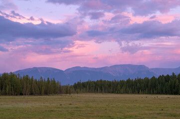 sunset in the Altai mountains. The Kurai steppe. Mountain Aktru