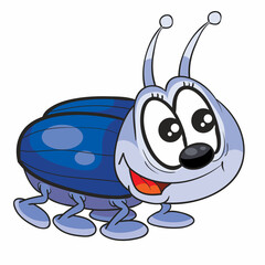 cute little blue beetle character with big eyes, cartoon illustration, isolated object on white background, vector,
