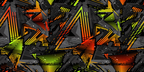 Vector abstract seamless grunge pattern. Urban art texture with neon shapes, brush strokes, ink elements. Grungy geometric graffiti style background. Design for boys and girls, sport textile, clothes © Olgastocker