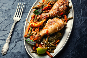 Fried chicken legs and a vegetable side dish