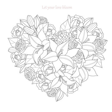 floral heart with lilies and roses flowers for your coloring boo