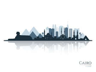 Cairo skyline silhouette with reflection. Landscape Cairo, Egypt. Vector illustration. - obrazy, fototapety, plakaty
