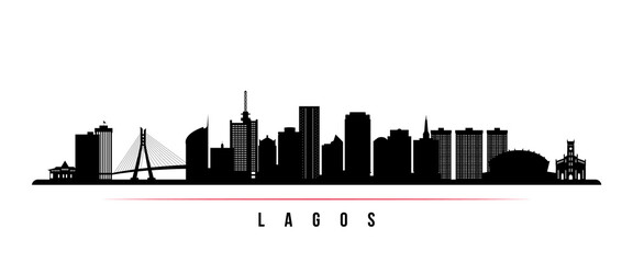 Lagos skyline horizontal banner. Black and white silhouette of Lagos, Nigeria. Vector template for your design. - obrazy, fototapety, plakaty