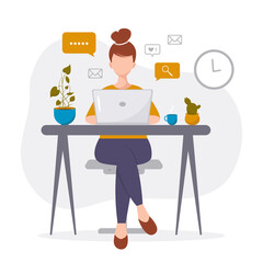 Young woman sitting at the table and working on laptop. Home office, workplace, online learning concept. Vector illustration in flat style.
