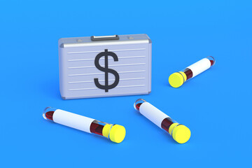 Investment in the medical industry. Development of new drugs. Corruption in the healthcare system. Funding for a scientific laboratory. Medical insurance. Money briefcase and test-tube. 3d render
